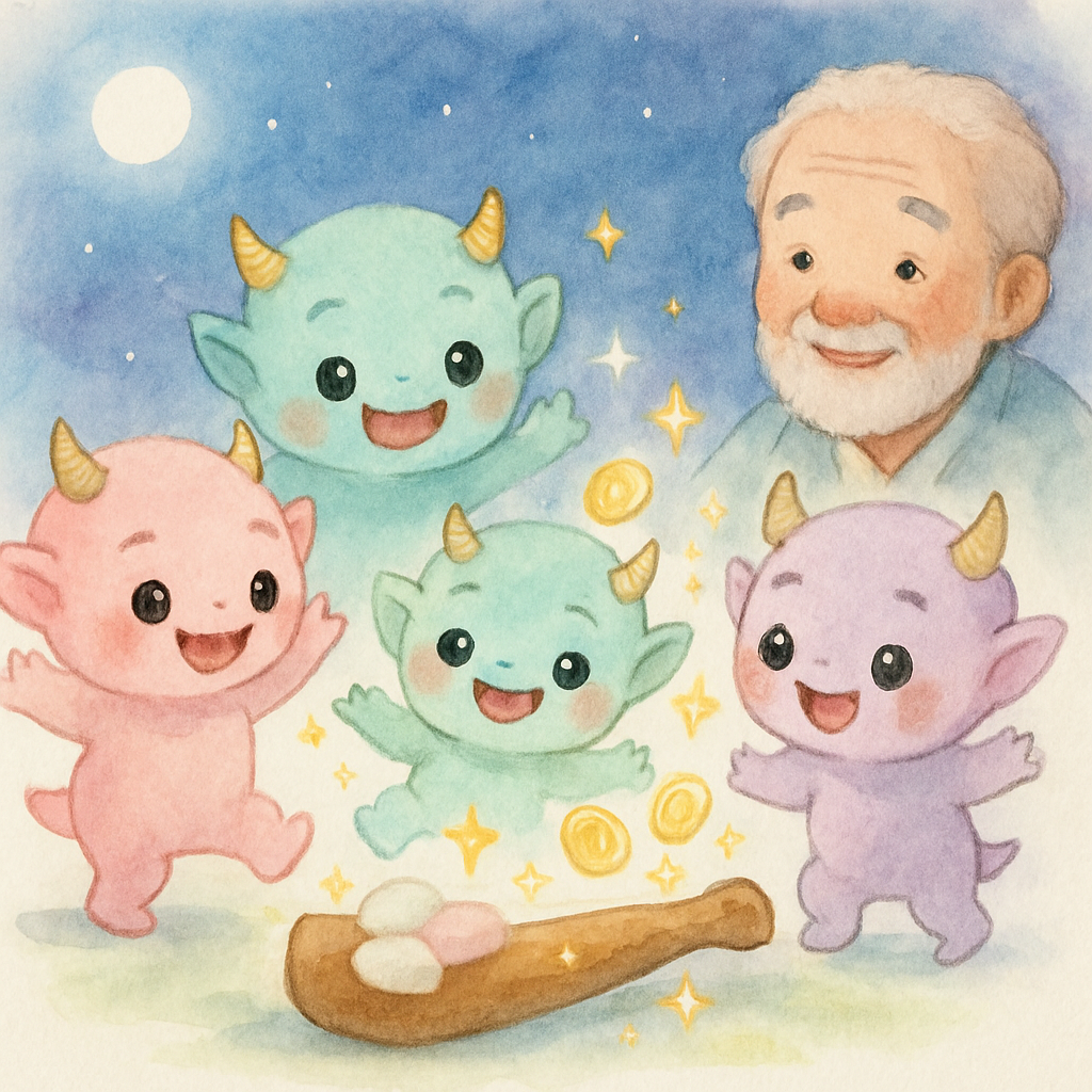 도깨비들의 방망이에서 떡과 돈이 마법처럼 나오는 장면